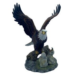 Vtg Bald Eagle & Hungry Eaglets in Nest Figurine Statue Hand Painted 8"x8"